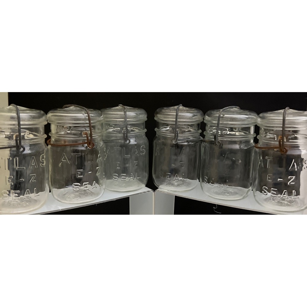 Vintage Atlas E-Z Seal Pint Canning Mason Jar With Wire Bail and Glass Lid Lot 6